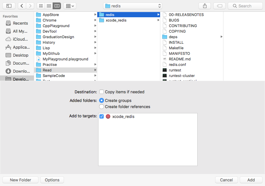 向 xcode_redis 添加文件